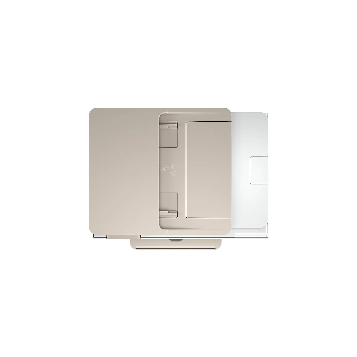 Draufsicht auf einen cremefarbenen Drucker auf weißem Grund. Auf der linken Seite befindet sich der Hauptteil des Druckers mit einer Klappe, auf der rechten Seite ein weißes Fach.