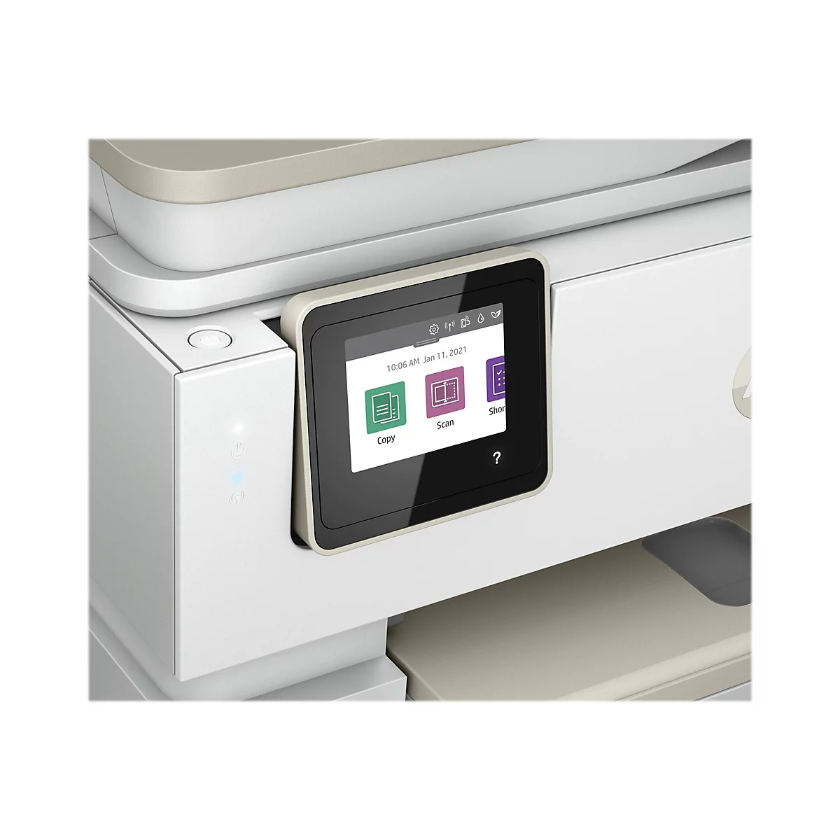 Nahaufnahme eines weißen Druckers mit einem Touchscreen. Auf dem Display sind Optionen zum Kopieren und Scannen zu sehen.