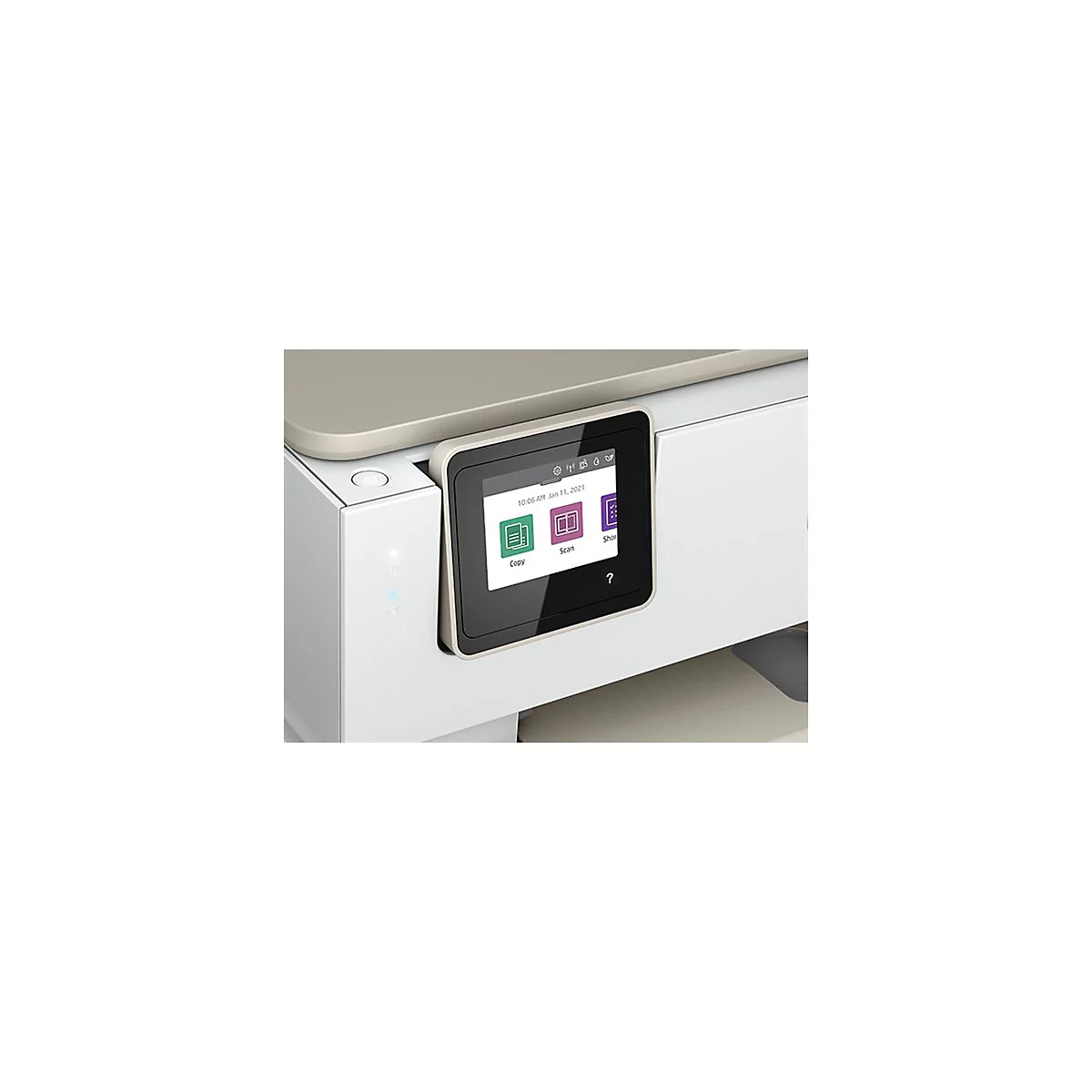 Detailaufnahme eines Druckers mit Touchscreen. Auf dem Bildschirm sind Optionen wie "Kopieren", "Scannen" und "Shorteuts" zu sehen.