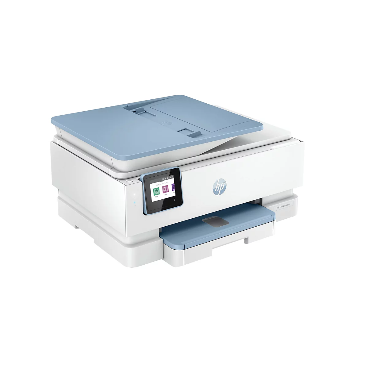 Ein weiß-hellblauer Drucker vor weißem Hintergrund. Der Drucker hat ein kleines Display mit Optionen wie Kopieren, Scannen, usw. Das HP-Logo ist deutlich sichtbar.