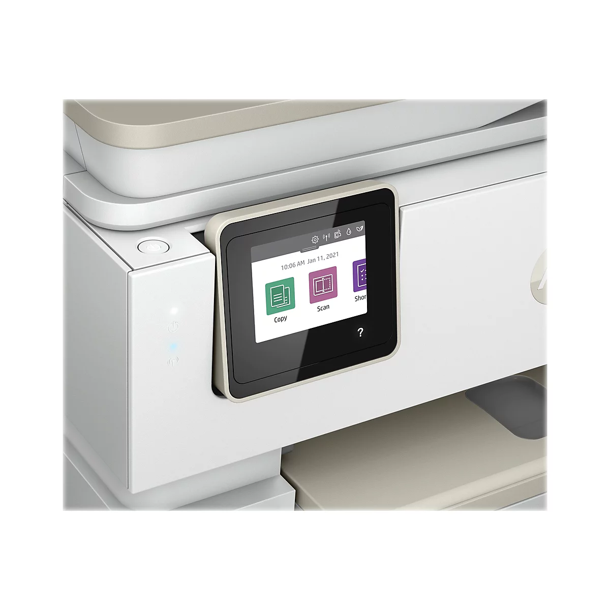 Nahaufnahme eines modernen Druckers mit Touchscreen-Display. Auf dem Bildschirm sind Optionen wie "Kopieren" und "Scannen" zu sehen. Datum: 11. Januar 2021.