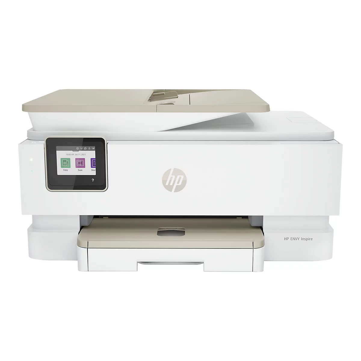 Imprimante HP blanche avec Ã©cran tactile, bac Ã  papier marron et couvercle gris. Logo HP au centre.