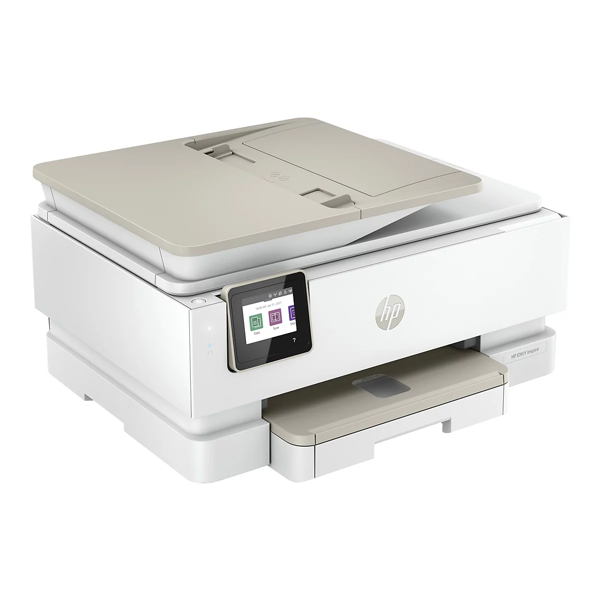 Une imprimante HP blanche avec un couvercle gris clair, un panneau de commande et un bac de sortie papier. Des icÃ´nes sont affichÃ©es Ã  l'Ã©cran.