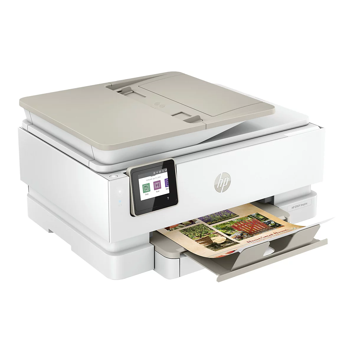 Une imprimante multifonction HP blanche avec Ã©cran couleur, papier imprimÃ© dans le bac de sortie et couvercle ouvert.
