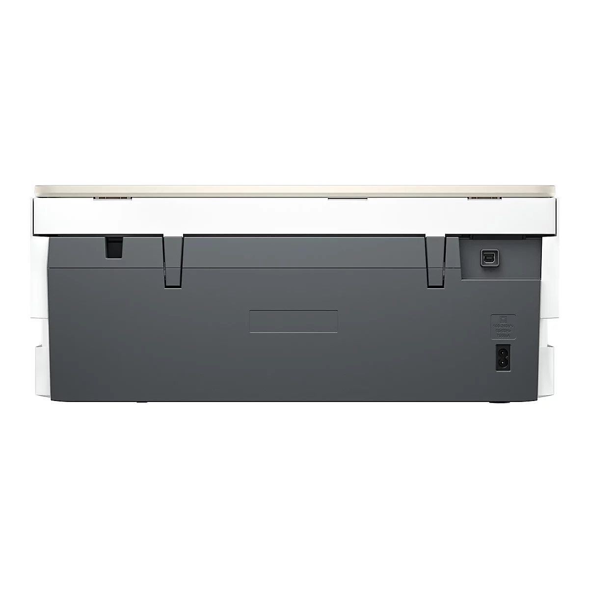 Vue arrière d'une imprimante, grise et blanche, avec connexions, port d'alimentation et port USB.