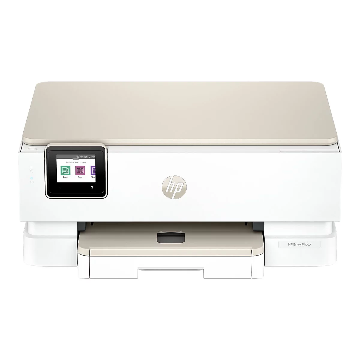 Imprimante HP Envy Photo blanche et beige avec écran tactile. Icônes de copie, numérisation, raccourcis. Logo.