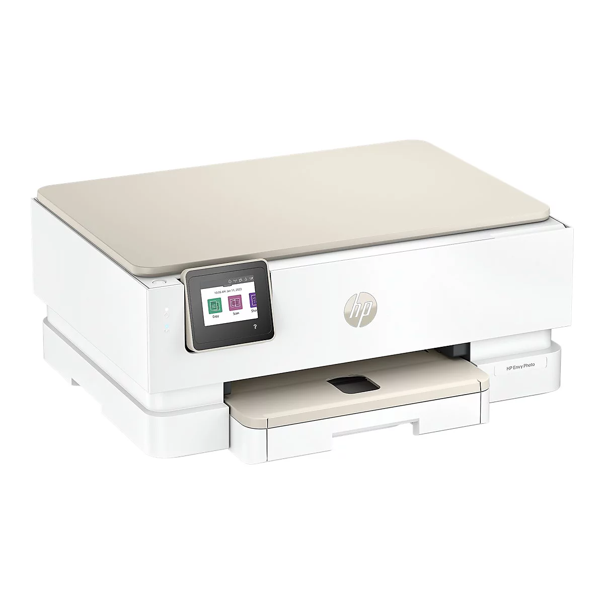Weißer HP Envy Photo Drucker mit beigefarbener Oberseite und Papierauszug. Kleiner Touchscreen und HP Logo sichtbar.