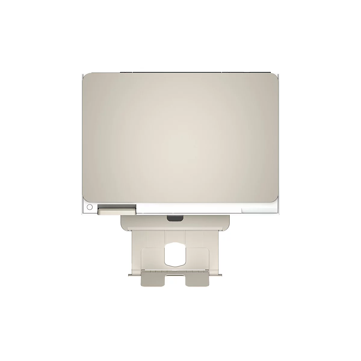 Draufsicht auf einen cremefarbenen Drucker. Die Papierausgabe ist unten zentriert und der Rest des Geräts ist rechteckig.