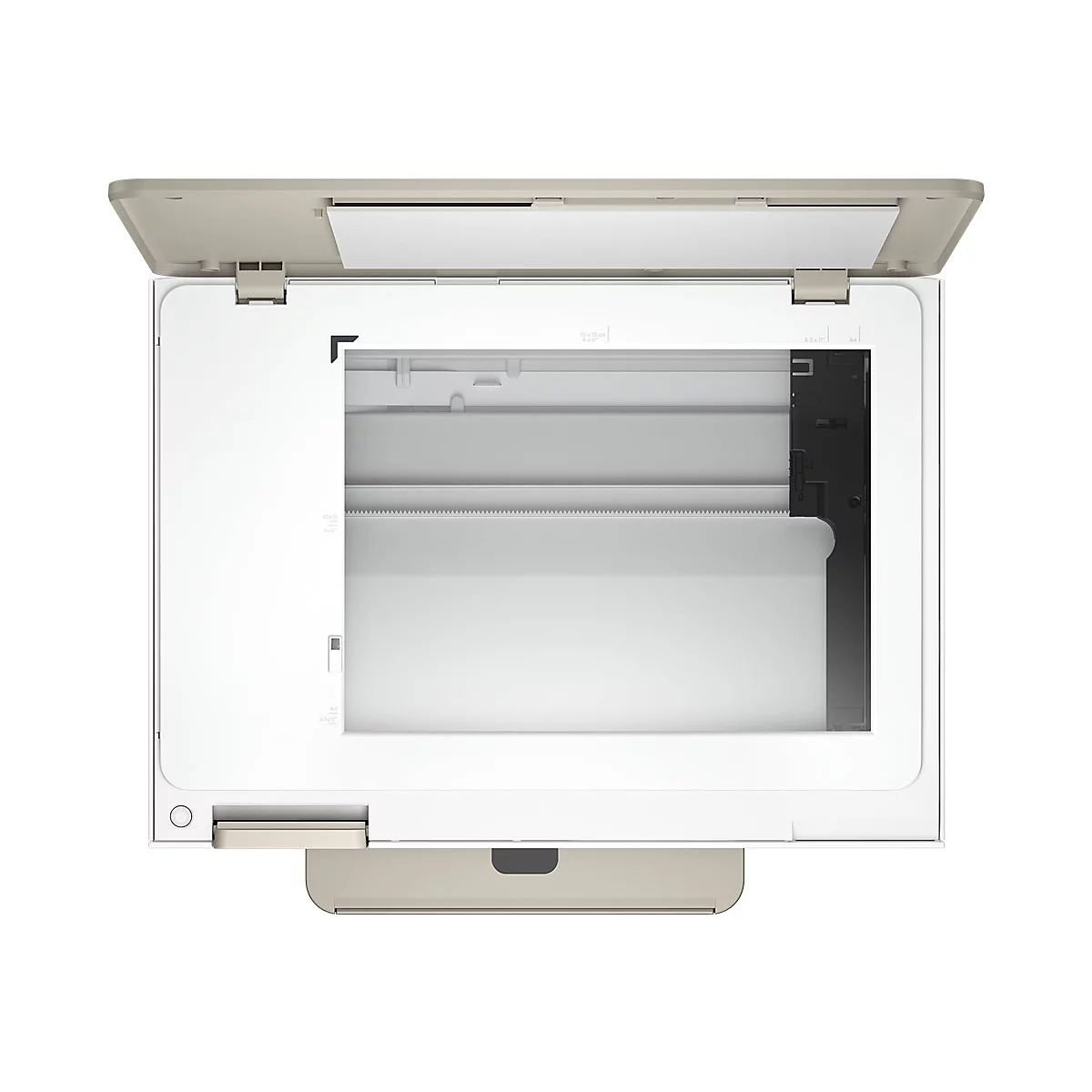 Draufsicht auf einen geöffneten Scanner. Der Deckel ist beige, das Innere weiß mit schwarzem Element.