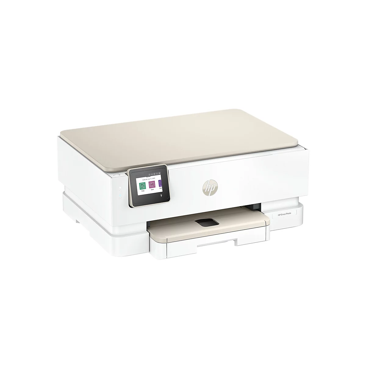 Imprimante blanche avec dessus beige. L'écran tactile affiche des icônes pour copier, numériser, etc. Logo HP. "HP Envy Photo" sur le bord.