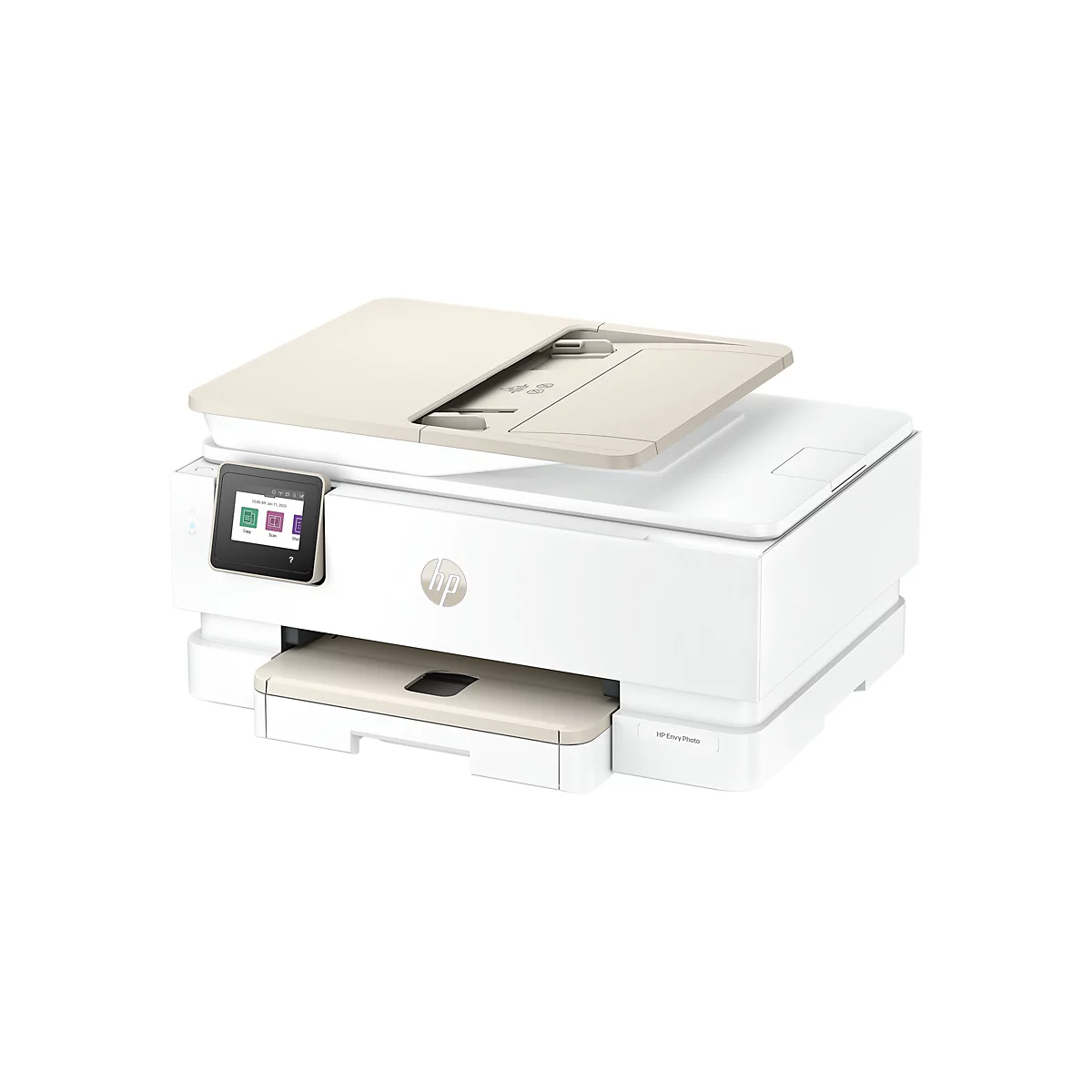 Weißer HP Envy Photo Drucker mit geöffnetem Scannerdeckel. Auf dem Bildschirm werden Optionen wie Kopieren und Scannen angezeigt.