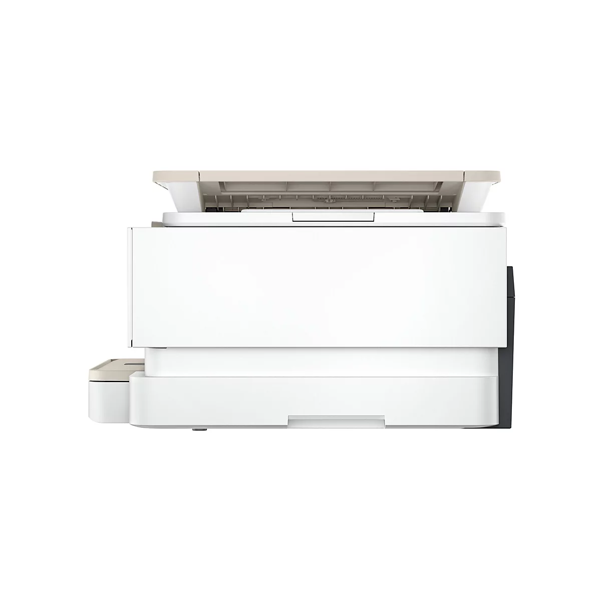 Ein weißer Drucker vor weißem Hintergrund. Der obere Teil ist beige und offen, der untere Teil hat ein schwarzes Gehäuse.
