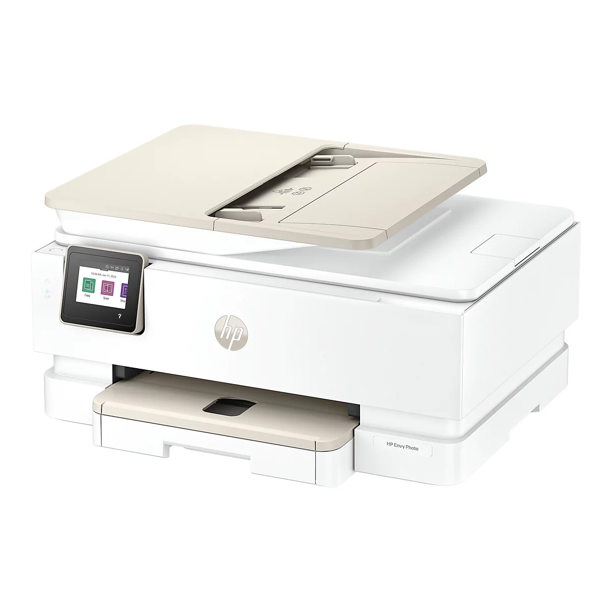 Weißer Drucker mit geöffnetem Deckel, beige Details und Display mit Icons. HP Logo.
