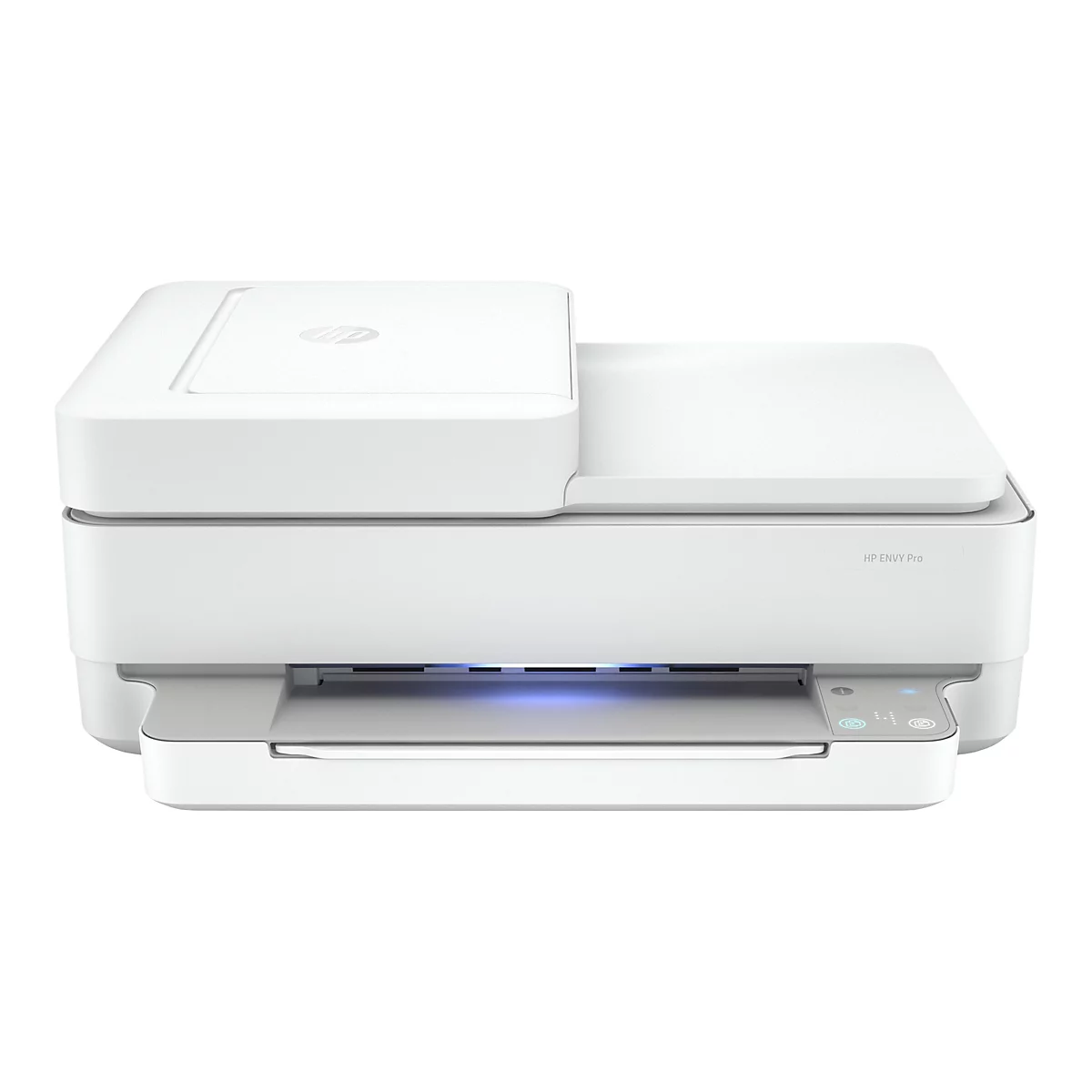 Weißer HP ENVY Pro Drucker. Die Oberseite ist flach, die Front mit Bedientasten versehen.