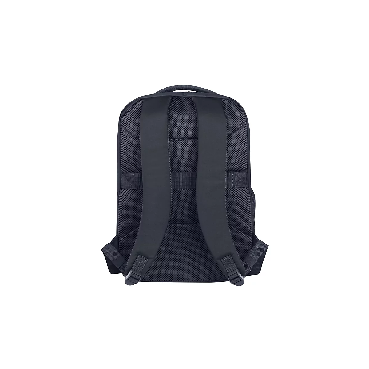 Schwarzer Rucksack von hinten, mit gepolsterten Trägern und Netzstoff.