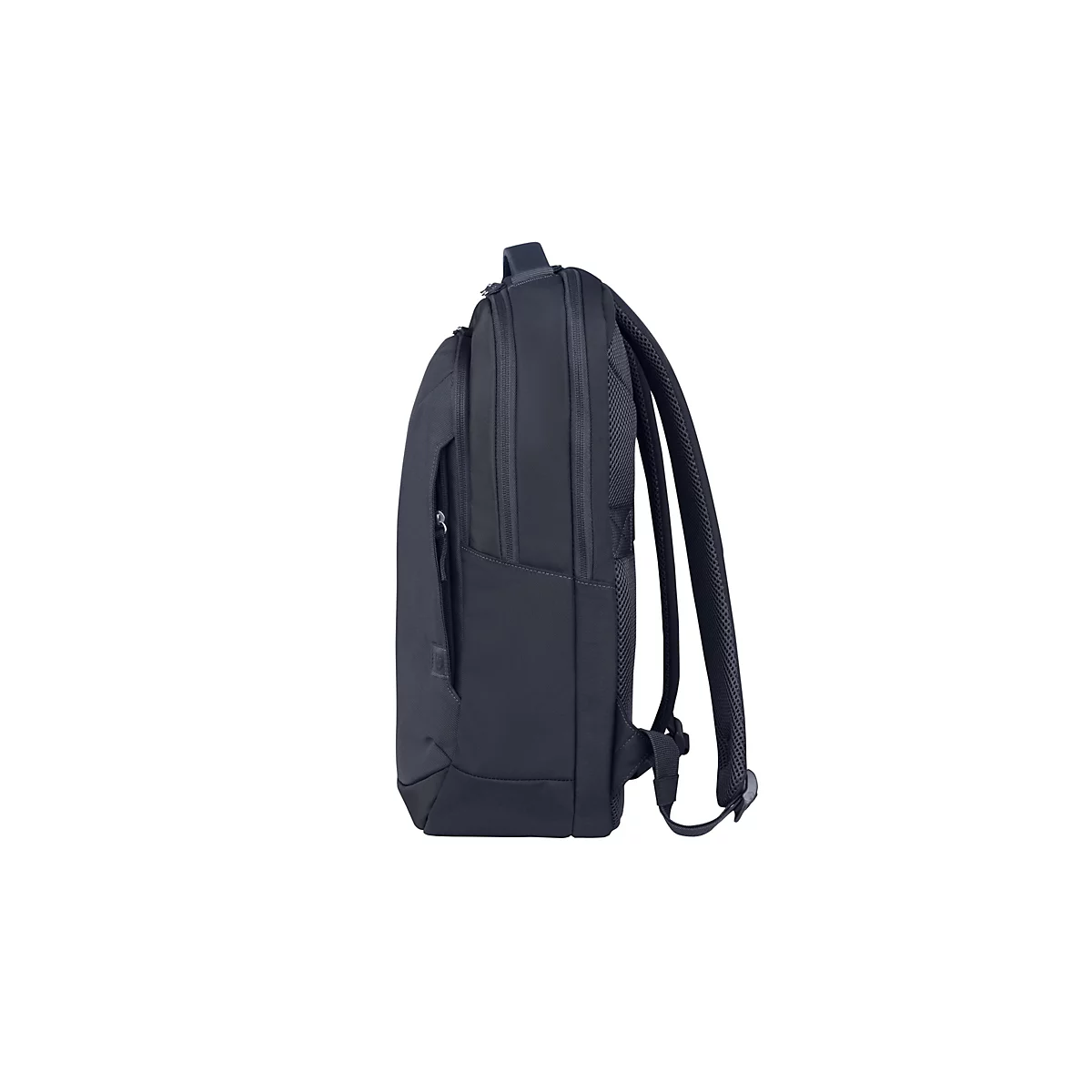 Schwarzer Business-Rucksack in Seitenansicht vor weißem Hintergrund.