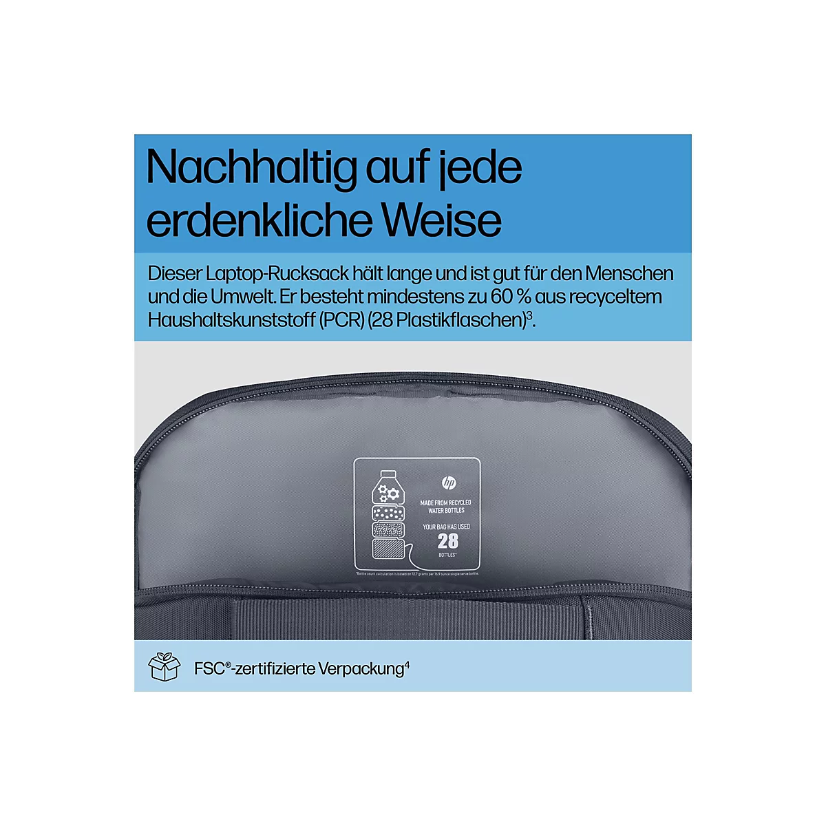Laptop-Rucksack aus recyceltem Kunststoff mit Grafik zu 28 recycelten Plastikflaschen.