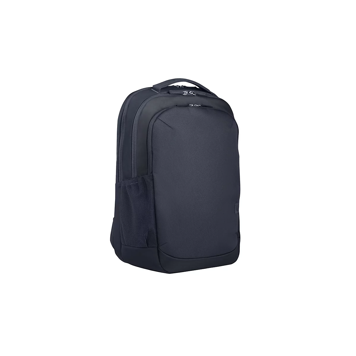 Dunkelblauer Rucksack vor weißem Hintergrund. Der Rucksack hat ein Hauptfach, eine Fronttasche und eine seitliche Netztasche.