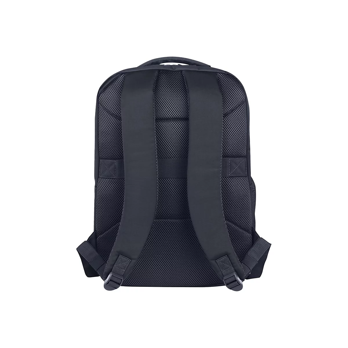 Dunkelblauer Rucksack-RÃ¼cken mit Schultergurten, die von unten nach oben zum Tragegriff verlaufen.