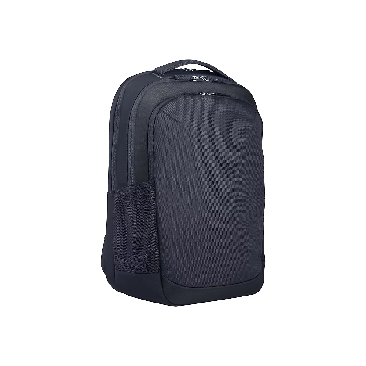 Dunkelblauer Rucksack mit mehreren Fächern und Reißverschlüssen. Ein Griff oben, eine Seitentasche aus Netzstoff, ein Logo.