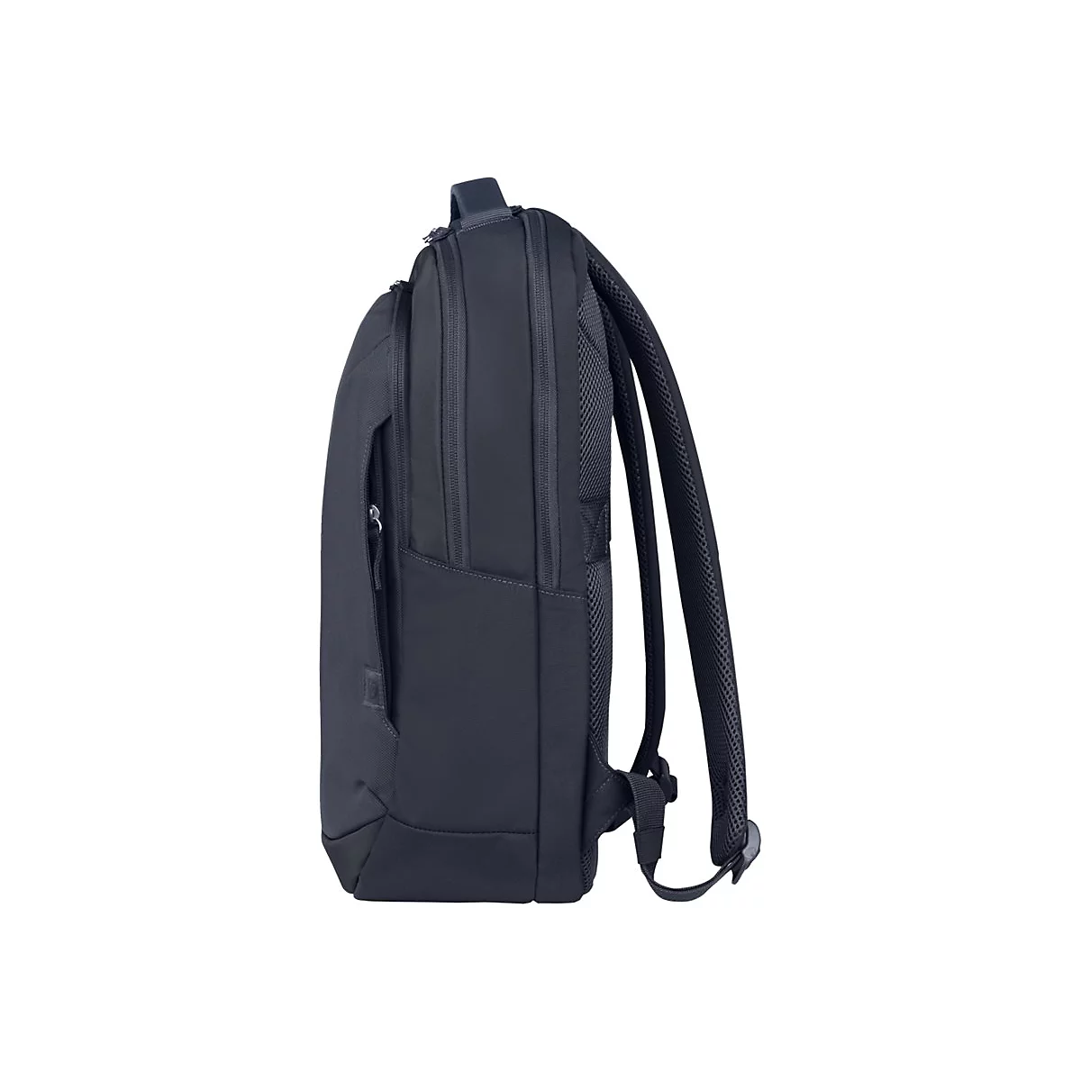 Dunkelblauer Rucksack, Seitenansicht, mit zwei gepolsterten Schultergurten, ReiÃŸverschluss und einer Seitentasche.