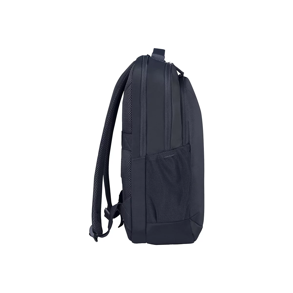 Dunkelblauer Rucksack im Profil. Schwarze TrÃ¤ger, seitliche Netztasche und ReiÃŸverschlÃ¼sse.