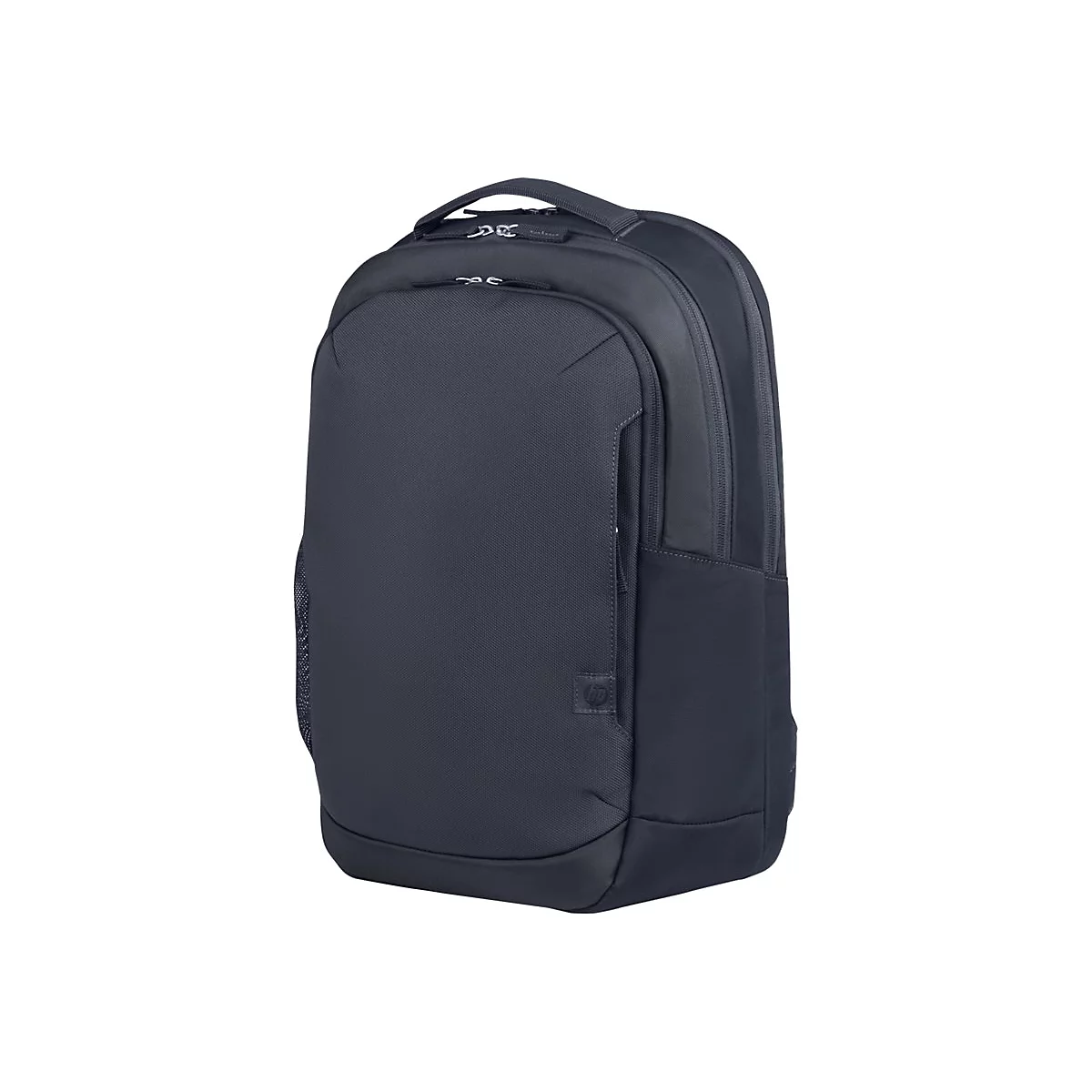 Schwarzer Laptop-Rucksack. Er hat einen Tragegriff, mehrere FÃ¤cher und einen ReiÃŸverschluss.