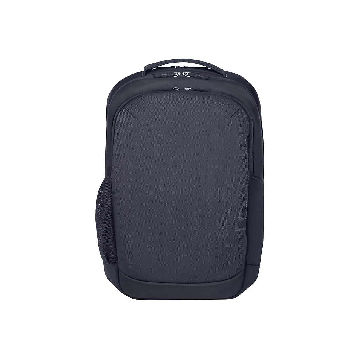 Dunkelblauer Rucksack mit Tragegriff, zwei ReiÃŸverschlÃ¼ssen und einer Seitentasche. Auf neutralem Hintergrund.
