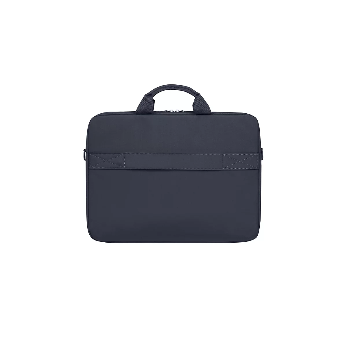 Dunkelblaue Laptoptasche mit Tragegriff. Quer verlaufender Riemen auf der Vorderseite.