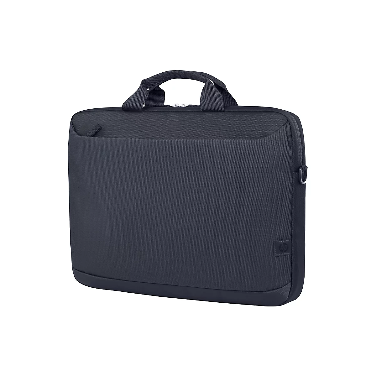 Dunkelblaue Laptop-Tasche mit Griff und Reißverschluss. Auf der Vorderseite befindet sich eine kleinere Tasche und das HP-Logo.