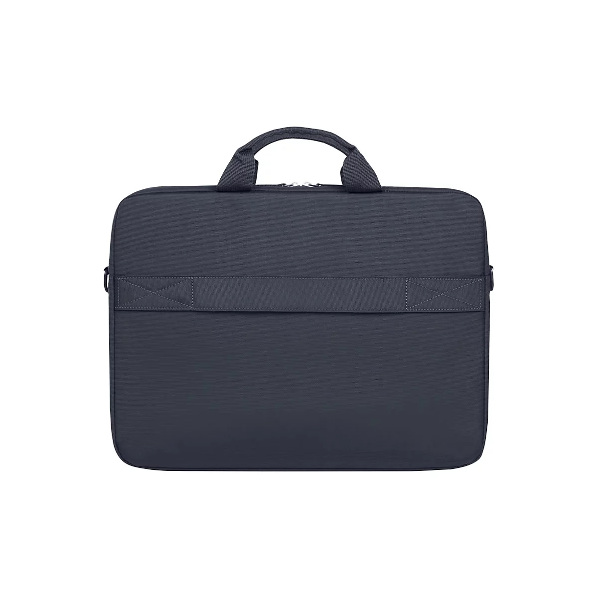 Eine dunkelgraue, schlichte Laptoptasche mit Tragegriffen vor weißem Hintergrund.