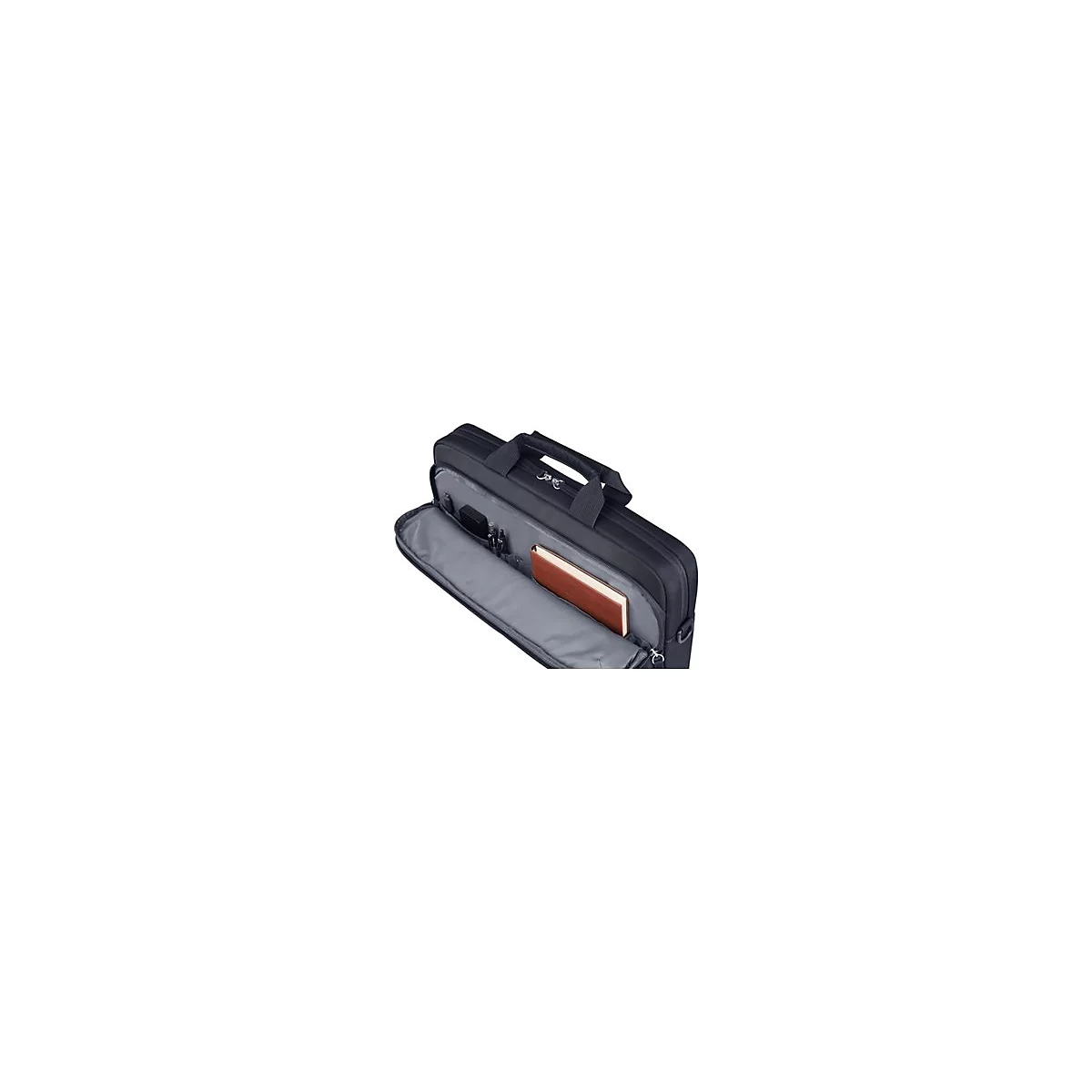 Offenes Frontfach einer schwarzen Laptoptasche mit Stiftehaltern, einem Notizbuch und weiterem Zubehör.