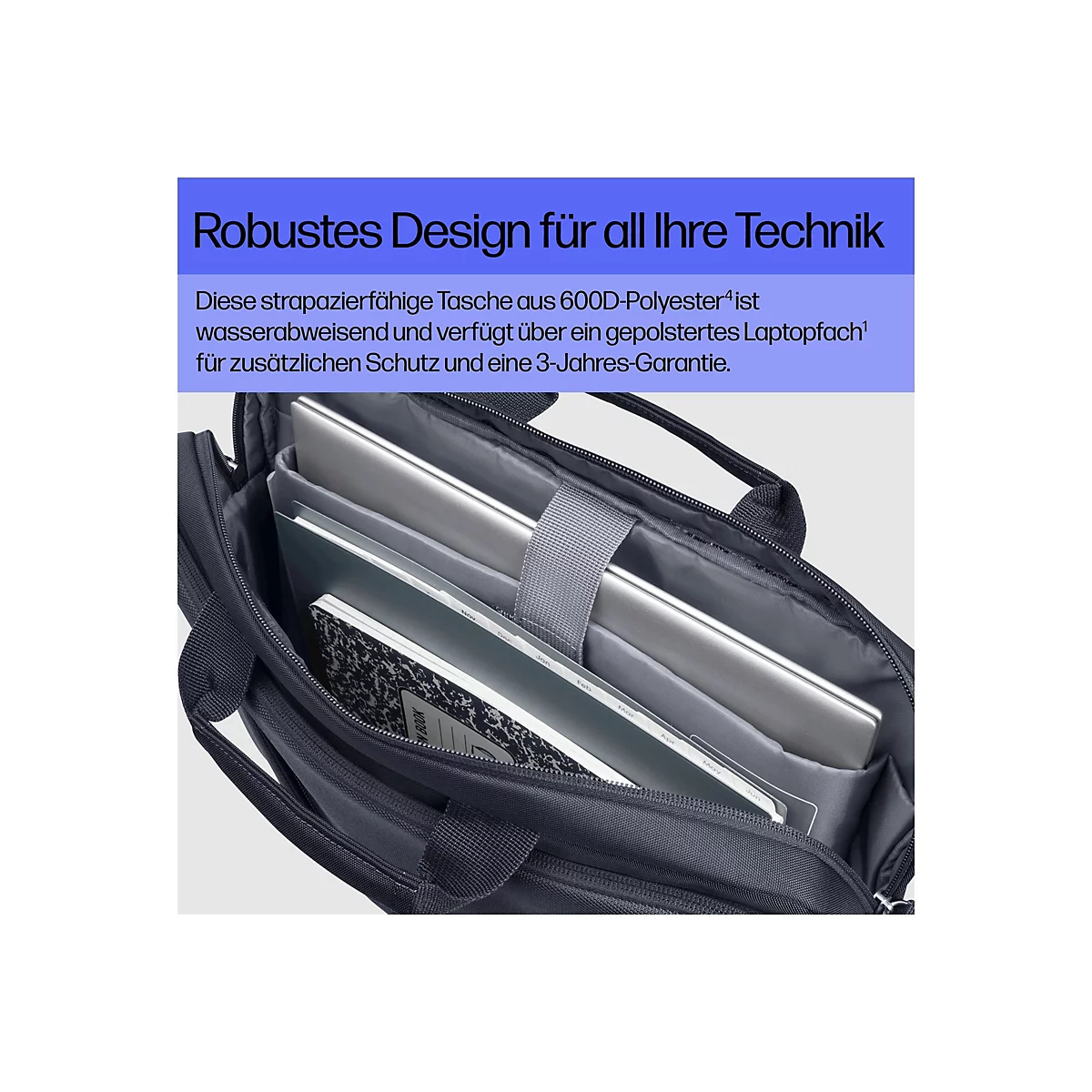 Schwarze Laptoptasche, offen, mit Laptops und Notizbuch. Oben steht: Robustes Design für all Ihre Technik.