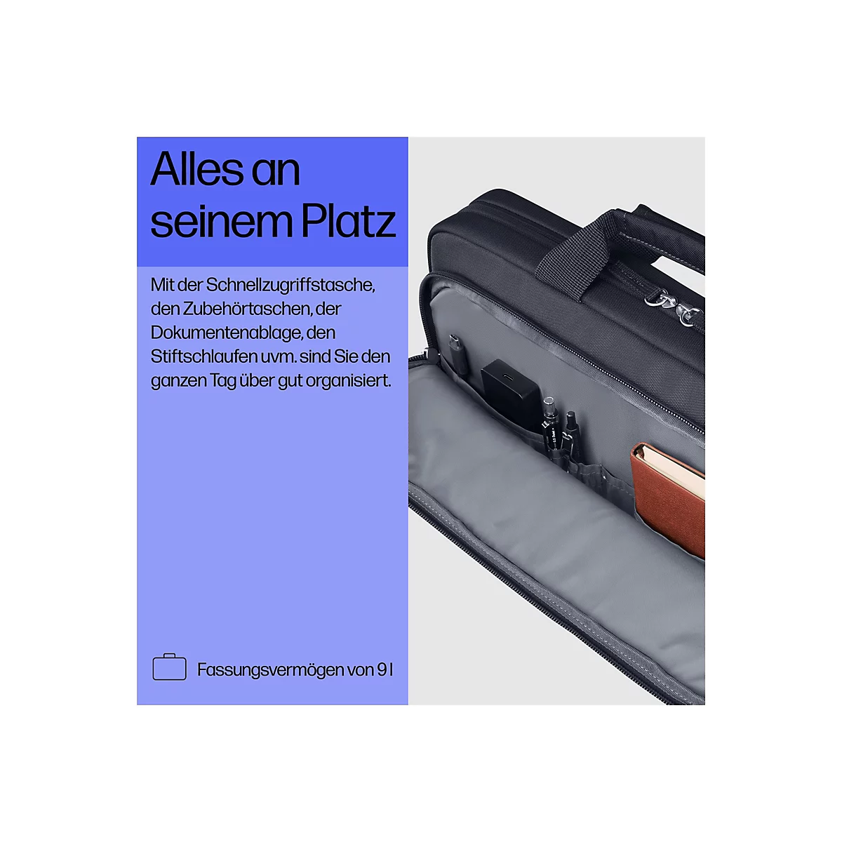 Geöffnete schwarze Laptoptasche mit übersichtlichen Organisationsfächern für Stifte, Zubehör und Dokumente.