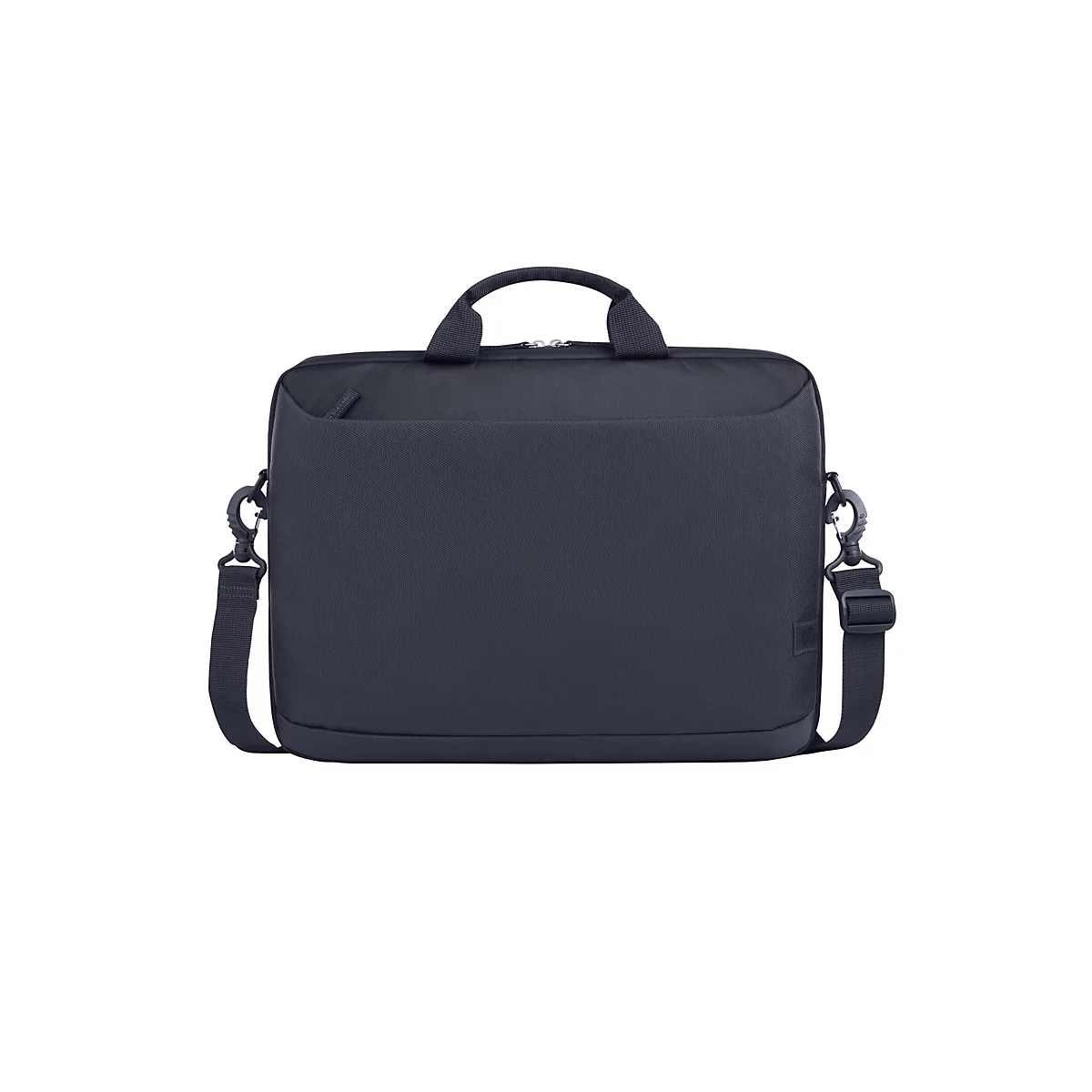 Dunkelblaue Laptoptasche mit Tragegriff und Schulterriemen. Auf weißem Hintergrund.