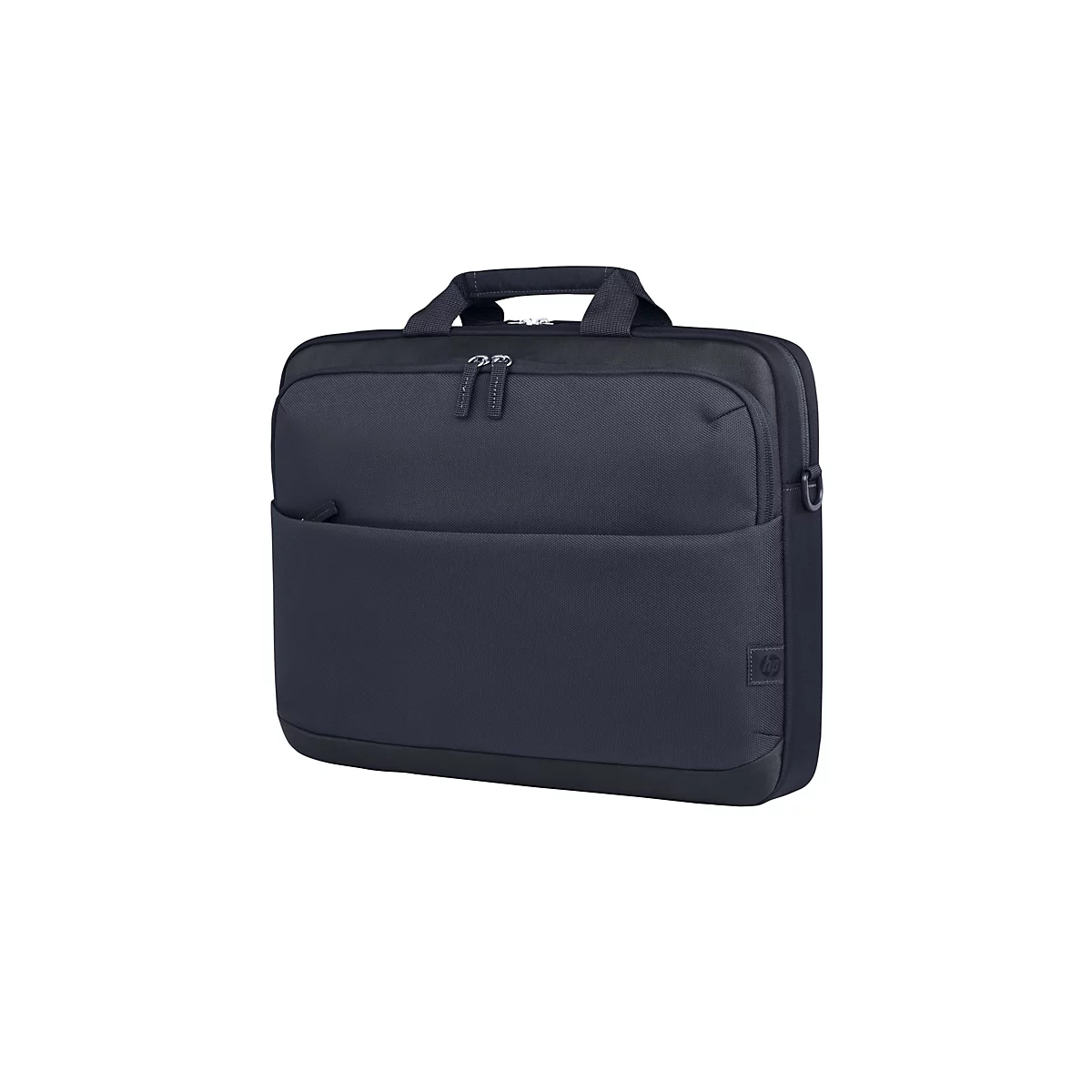 Dunkelblaue Laptop-Tasche mit Henkel und Reißverschlüssen, rechteckig, auf weißem Hintergrund.