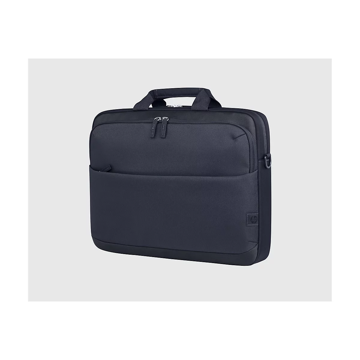 Dunkelblauer Laptop-Koffer mit Griff und Reißverschluss. Das HP Logo ist sichtbar.