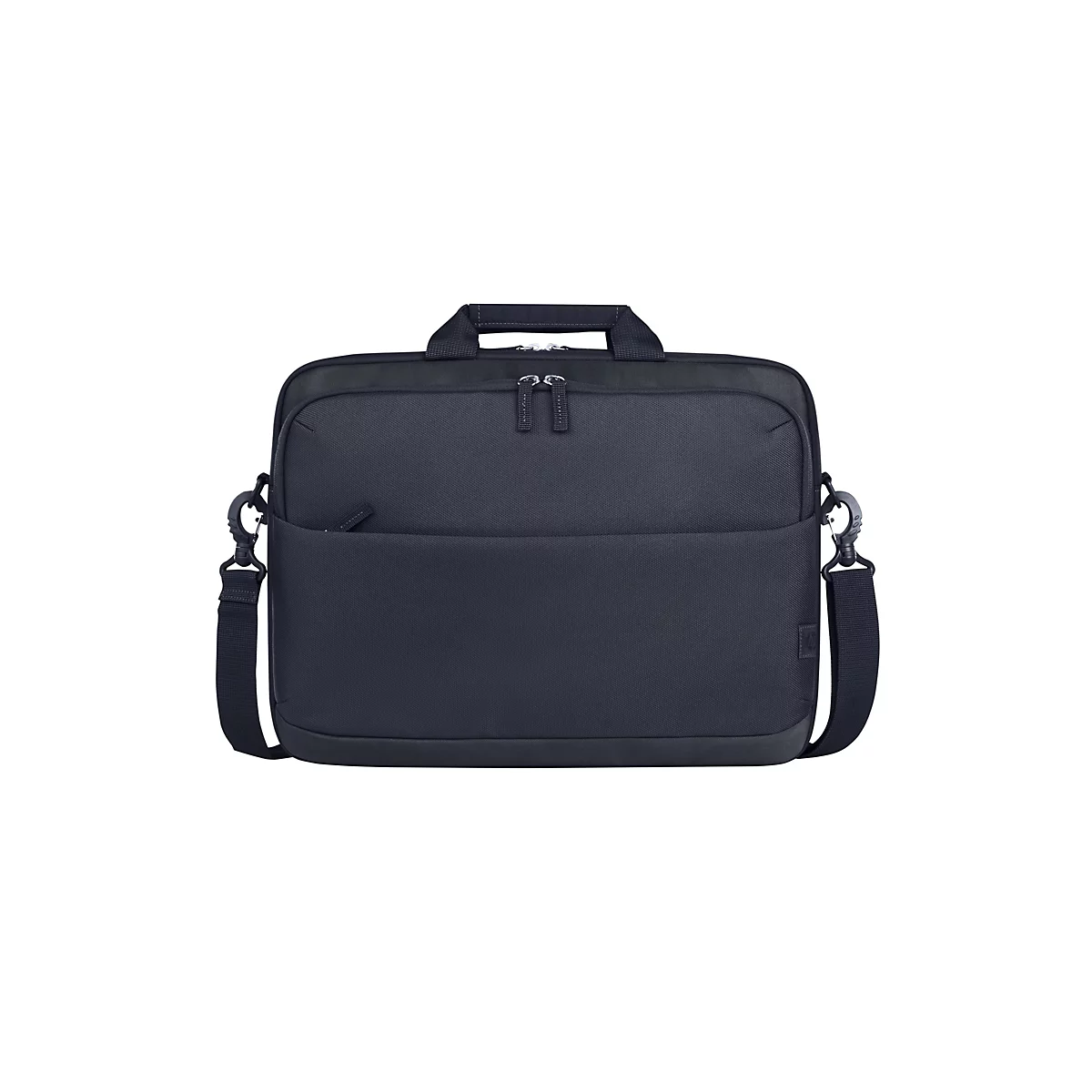 Dunkelblaue Laptoptasche mit Tragegriff und Schulterriemen vor weißem Hintergrund.