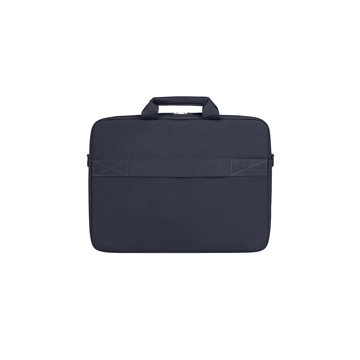 Dunkelblaue Aktentasche mit Henkel und Schultergurt, vor weißem Hintergrund.