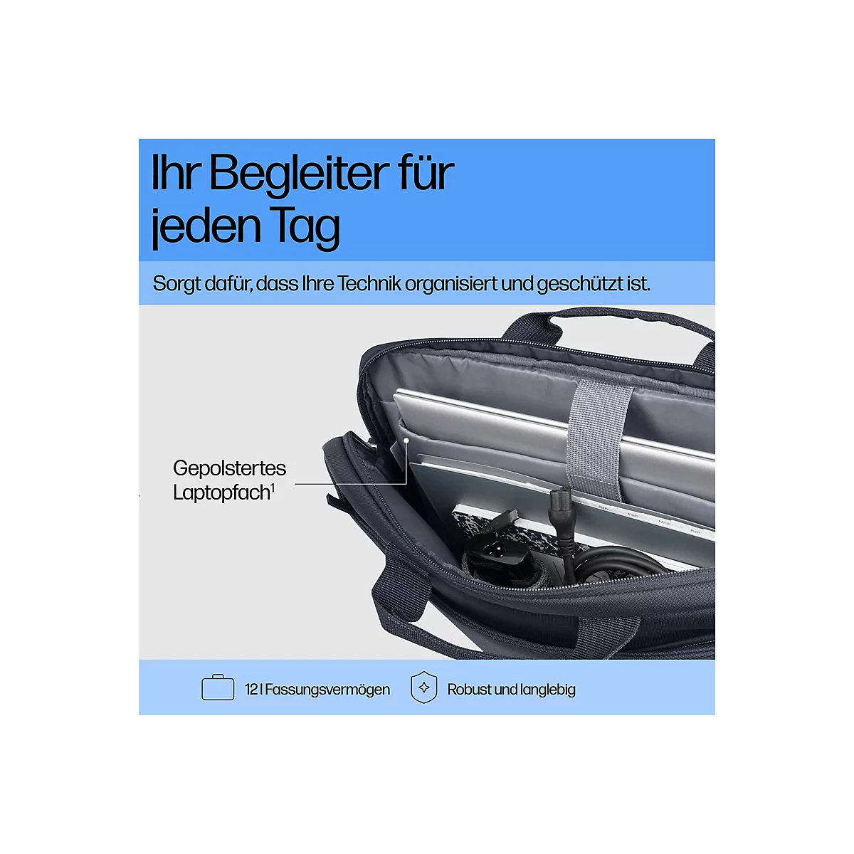 Dunkelblaue Laptoptasche, geöffnet, mit mehreren Fächern und Zubehör, Text: "Ihr Begleiter für jeden Tag".
