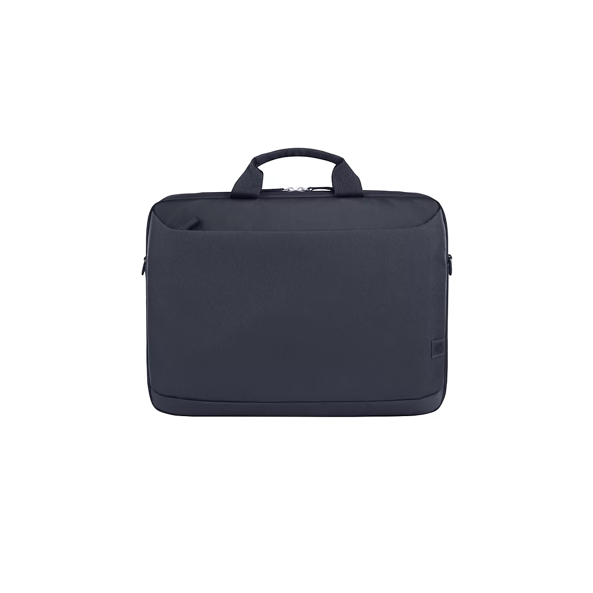 Dunkelblaue Laptoptasche mit Tragegriff, Reißverschluss und kleinem Fach. Auf weißem Hintergrund.