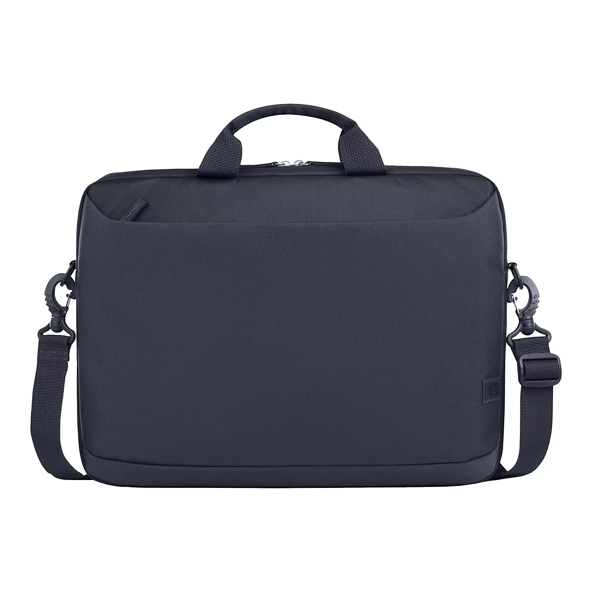 Dunkelblaue Laptoptasche mit Tragegriff und Schultergurt. Aufgesetzte Fronttasche, ReiÃŸverschluss.