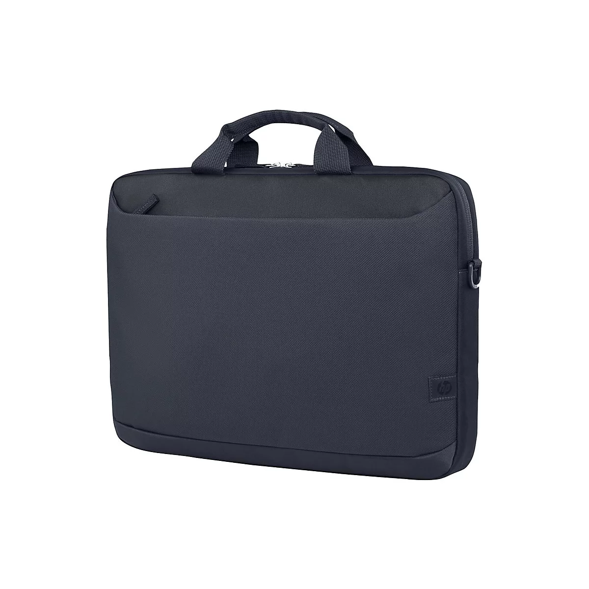 Dunkelblaue Laptoptasche mit Tragegriff und Reißverschluss, auf weißem Hintergrund. Das HP Logo ist zu sehen.
