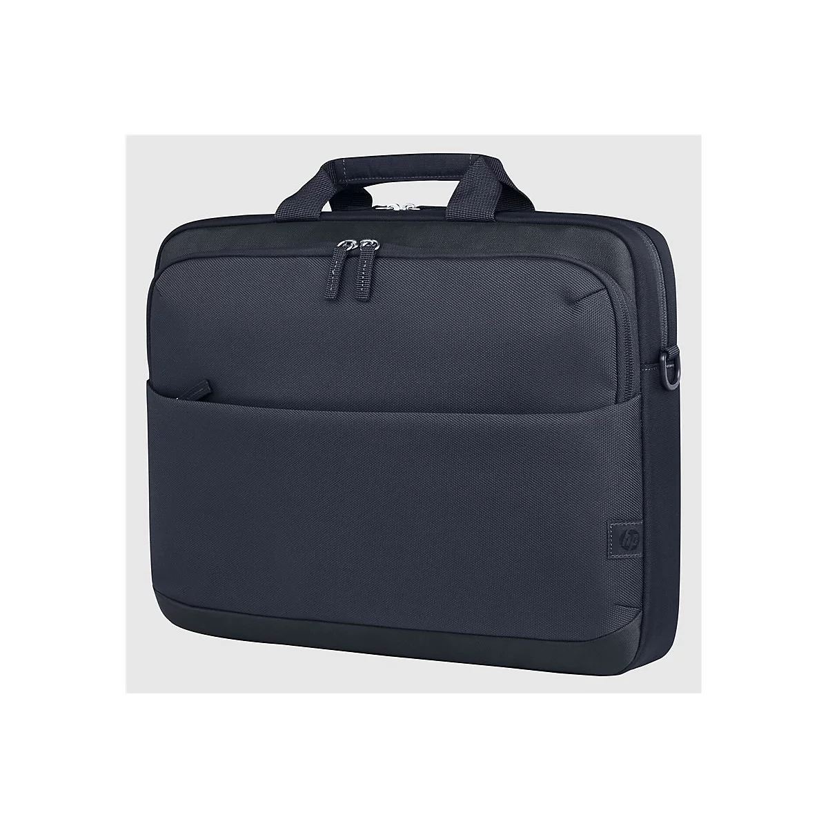 Dunkelblaue Laptop-Tasche mit Griff und Reißverschlüssen, HP-Logo. Vorder- und Seitentaschen.