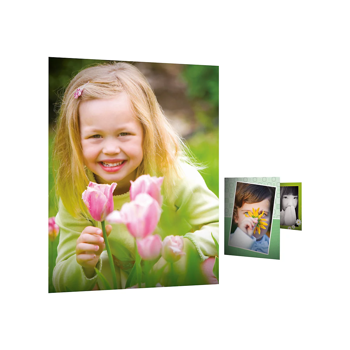 Ein lächelndes Mädchen kniet im Gras bei rosafarbenen Tulpen, daneben zwei weitere Kinderfotos.
