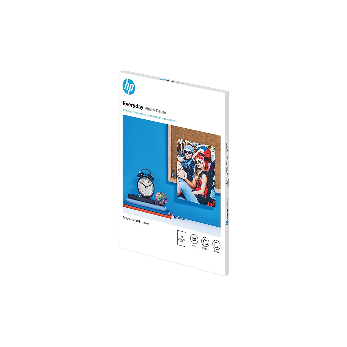 HP Everyday Fotopapier A4 200g/m² Packung mit 25 Blatt vor weißem Hintergrund.