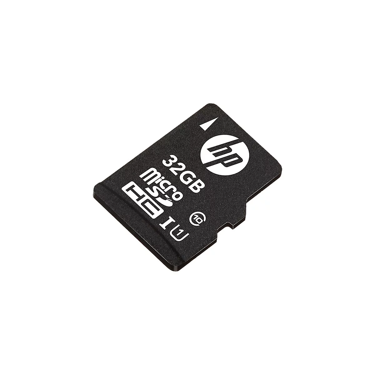 Schwarze HP Micro-SD-Karte mit weißen Logos und Schriftzügen, 32 GB. Die Karte liegt schräg auf hellem Hintergrund.