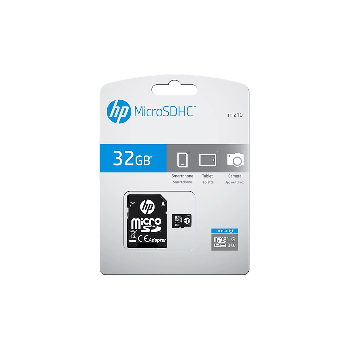 HP MicroSDHC Speicherkarte, 32 GB, in Verpackung mit Smartphone-, Tablet- und Kamera-Symbolen. Adapter ist im Lieferumfang enthalten.