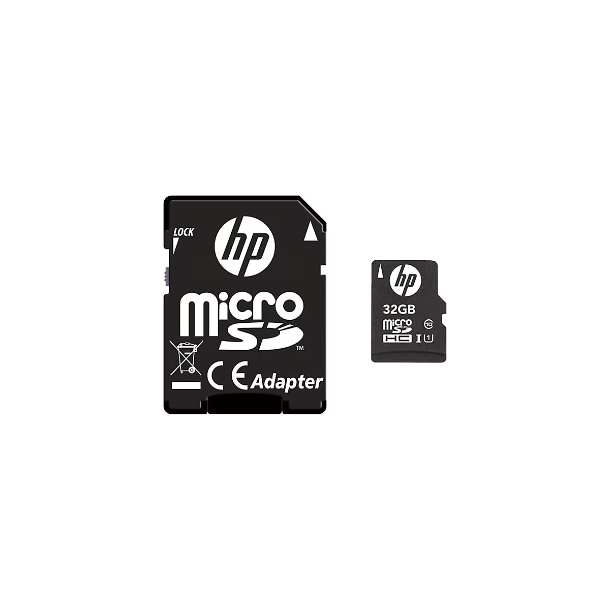 Ein schwarzer HP MicroSD-Kartenadapter und eine MicroSD-Karte mit weißem Logo und Schriftzug.