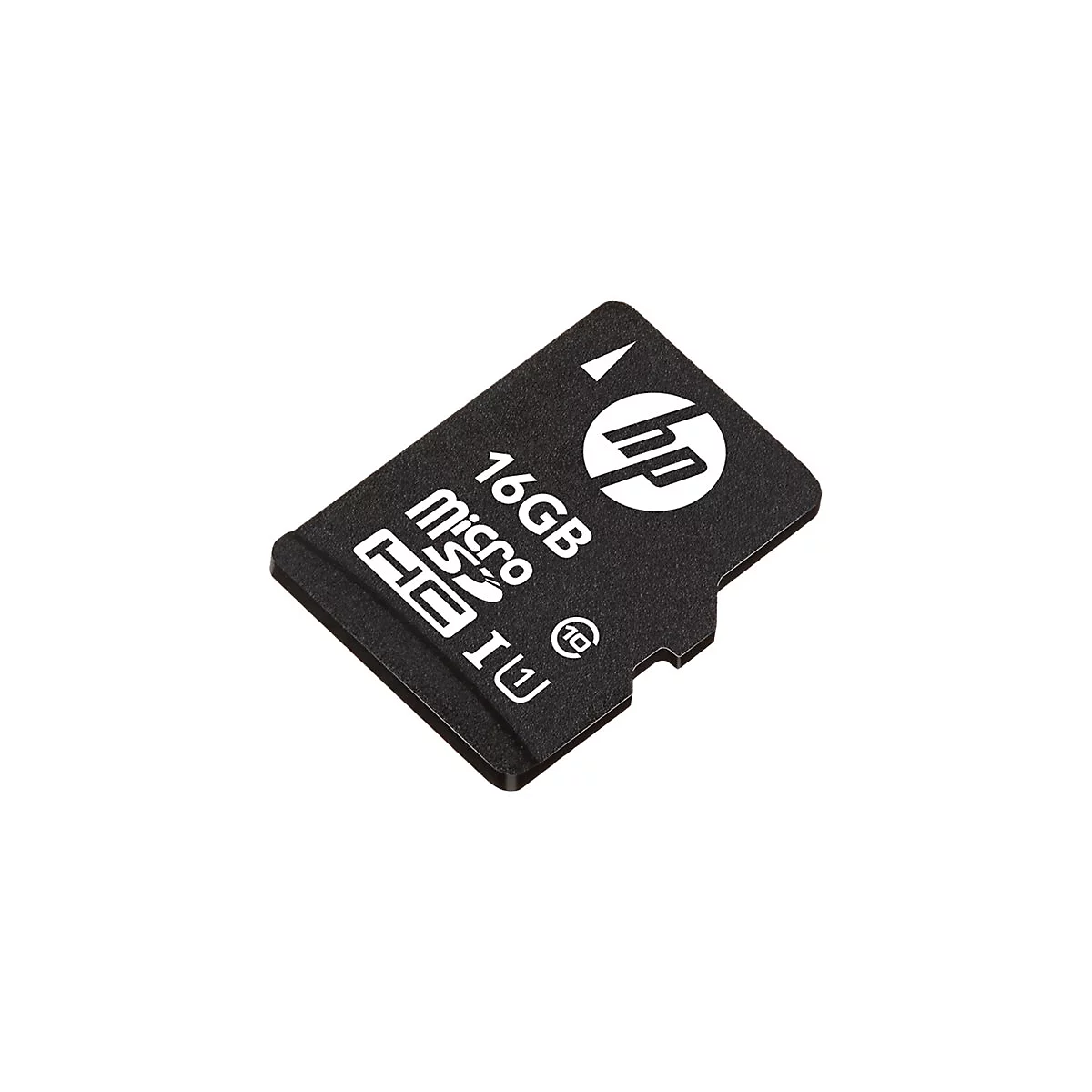 Schwarze HP microSD Speicherkarte mit 16 GB Kapazität vor weißem Hintergrund.
